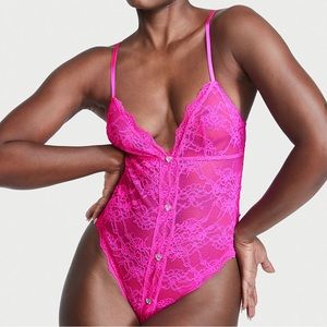 Victoria's Secret La Fleur Hot Pink Lace Bodysuit Sexy Teddy Luxe Lingerie